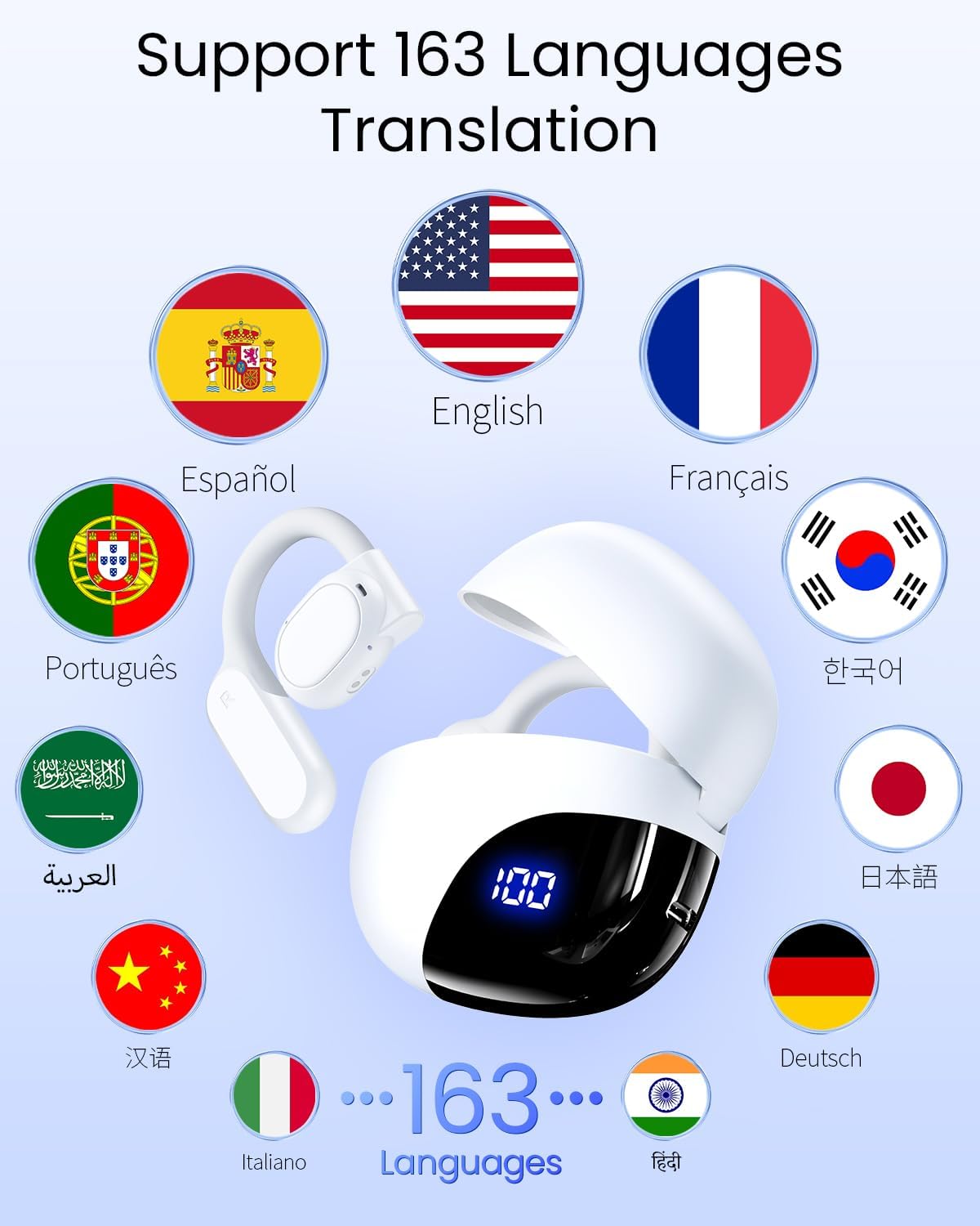 AI Translation Earbuds Real Time Languages Translator Ear Buds Audifonos Traductores Inglés Español for Travel Business Meeting Learning White