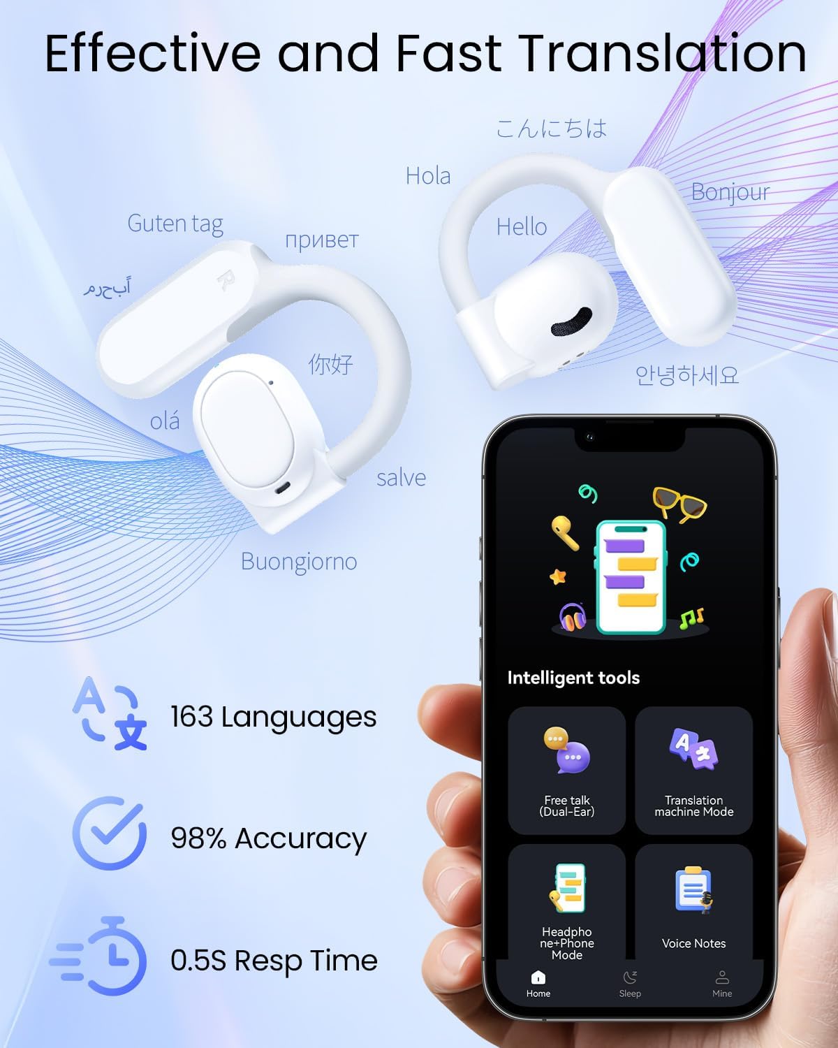 AI Translation Earbuds Real Time Languages Translator Ear Buds Audifonos Traductores Inglés Español for Travel Business Meeting Learning White