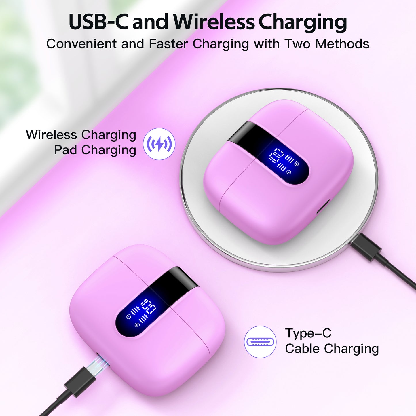TAGRY Bluetooth Headphones True Wireless Earbuds 60H Playback LED Power Display Earphones with Wireless Charging Case IPX5 Waterproof in-Ear Ear buds with Mic for TV Smart Phone Laptop Computer Sports