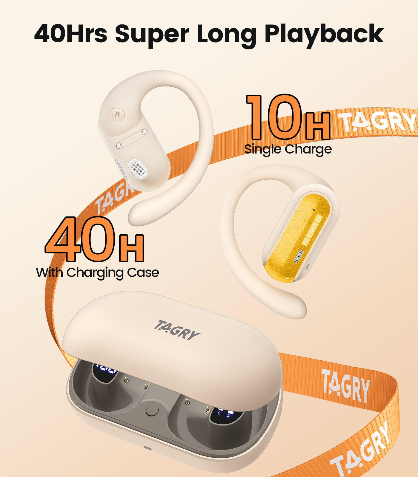 TAGRY Open Ear Headphones Wireless Earbuds 40HRS Playtime Fast Charging Headphone Digital Display Earphones with Ergonomic Earhook IPX7 Waterproof Ear Buds for Running Workout Yellow
