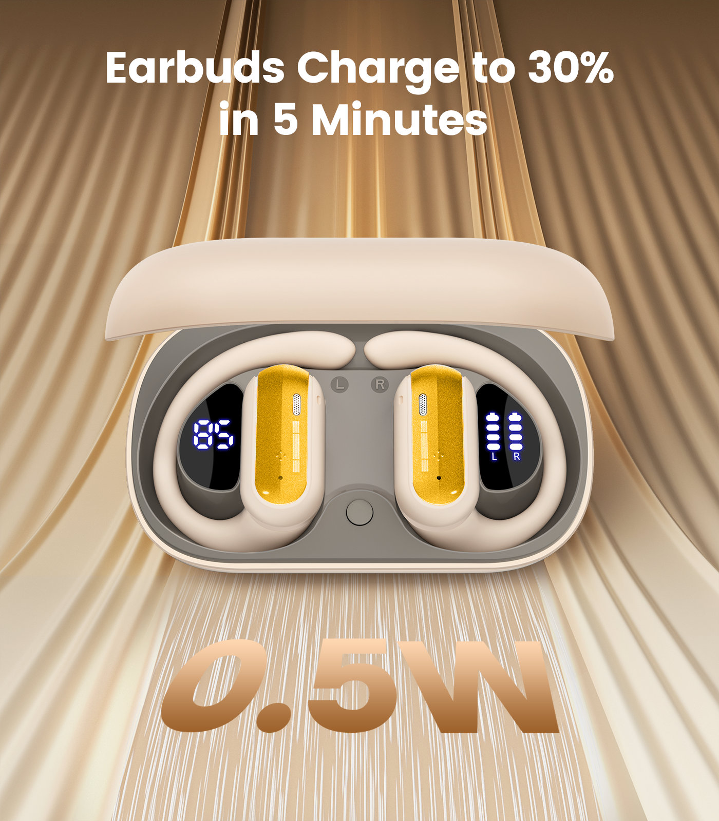 TAGRY Open Ear Headphones Wireless Earbuds 40HRS Playtime Fast Charging Headphone Digital Display Earphones with Ergonomic Earhook IPX7 Waterproof Ear Buds for Running Workout Yellow