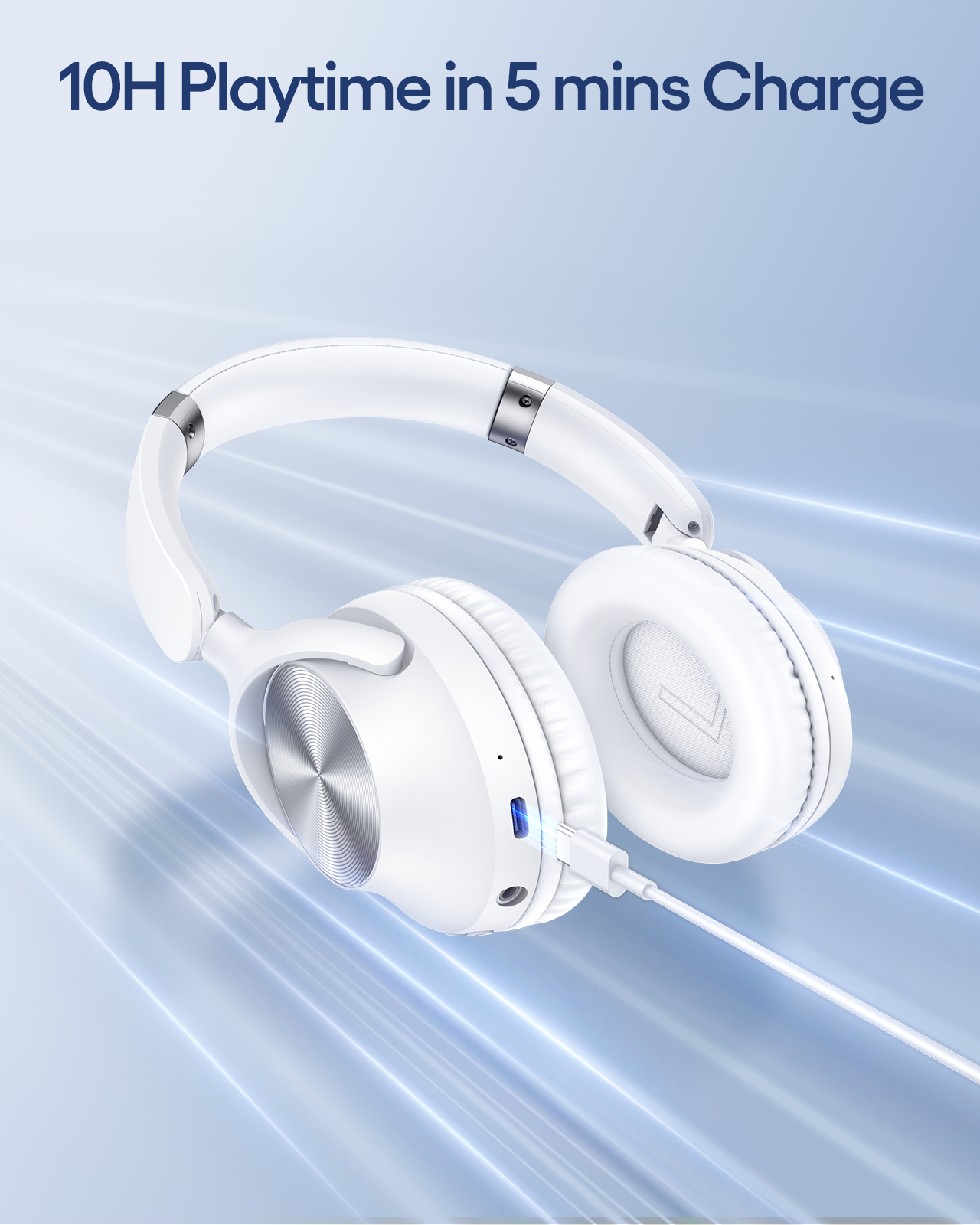 TAGRY Active Noise Cancelling Headphones 100H Playtime Wireless Over Ear Bluetooth Headphones Fast Charging Earphones with Deep Bass Comfort Light Weight Headsets for Travel Home Office PC White