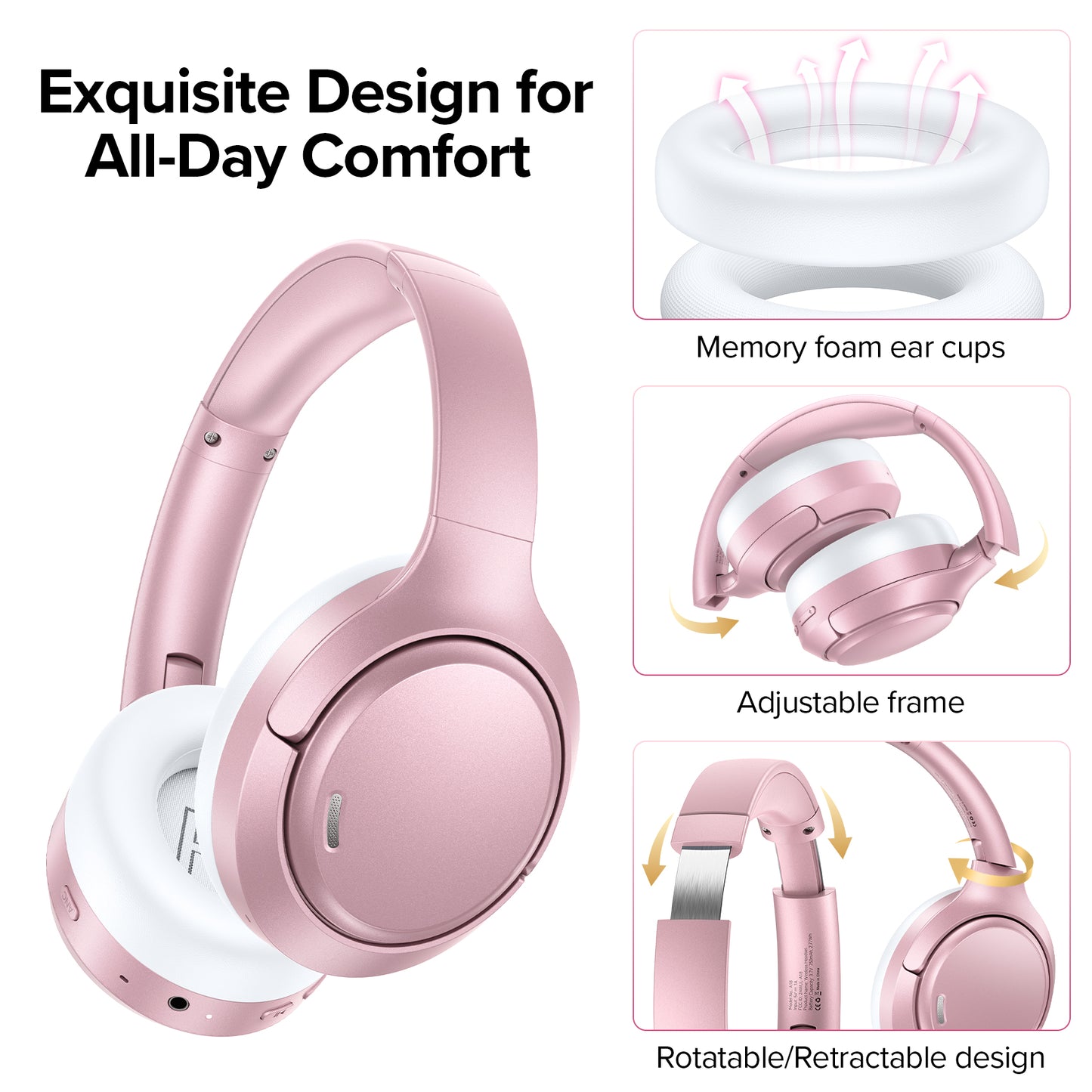 Hybrid Active Noise Cancelling Bluetooth 6.0 Headphones 120H Playtime 6 ENC Clear Call Mic, Over Ear Headphones Wireless with Hi-Res Audio Comfort Earcup Low Latency ANC Headphone for Travel Workout