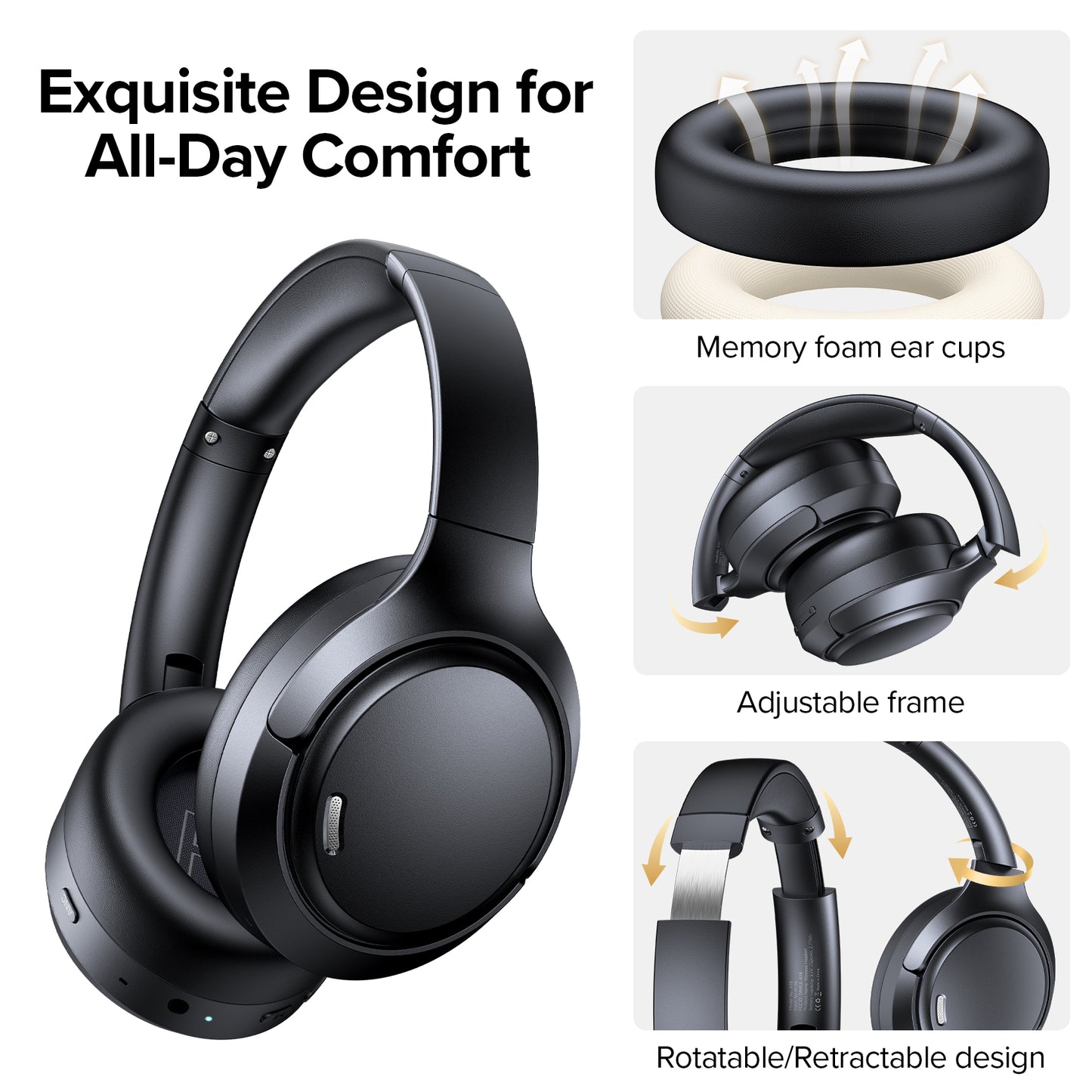 Hybrid Active Noise Cancelling Bluetooth 6.0 Headphones 120H Playtime 6 ENC Clear Call Mic, Over Ear Headphones Wireless with Hi-Res Audio Comfort Earcup Low Latency ANC Headphone for Travel Workout