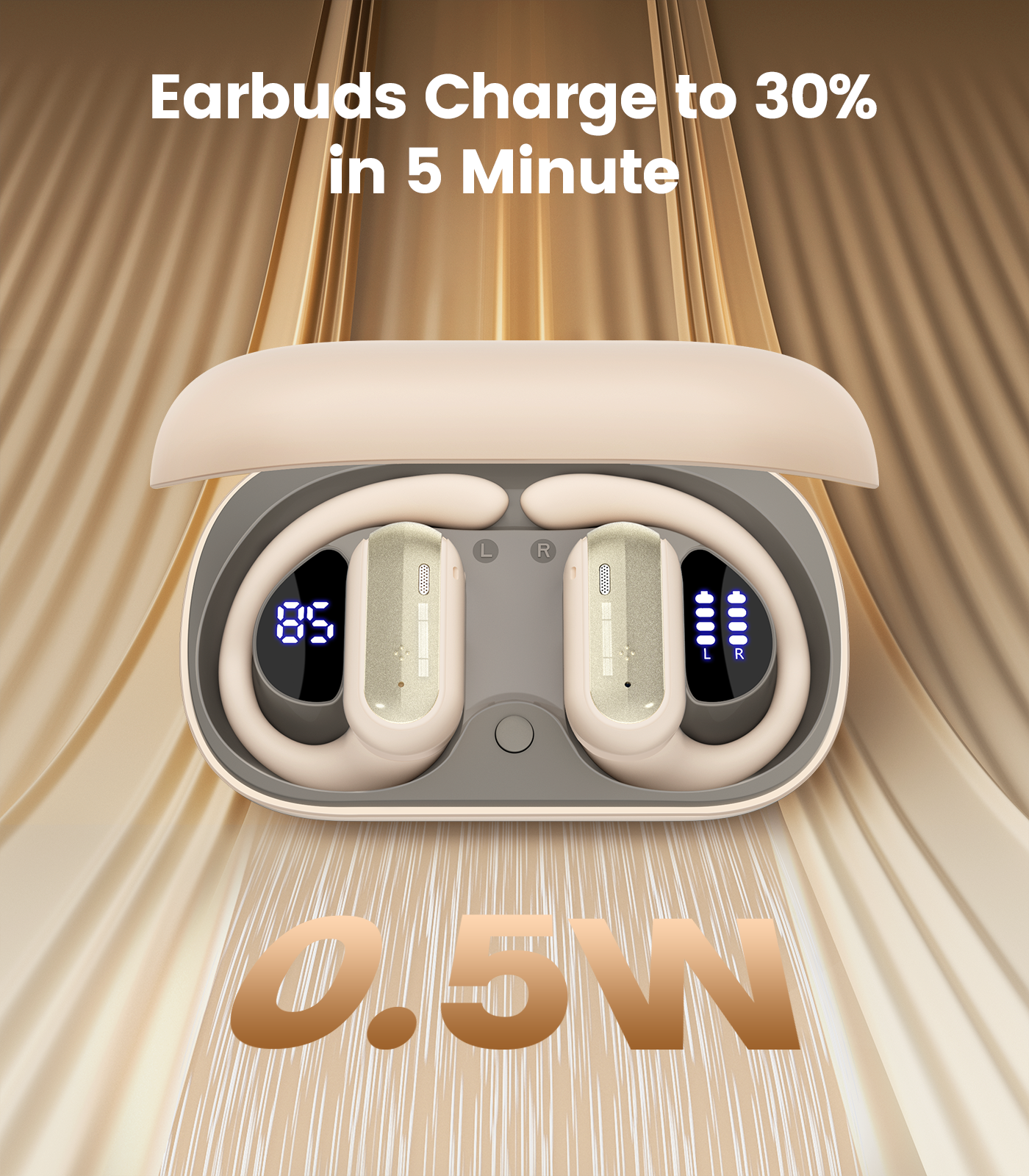 TAGRY Open Ear Headphones Wireless Earbuds 40HRS Playtime Fast Charging Headphone Digital Display Earphones with Ergonomic Earhook IPX7 Waterproof Ear Buds for Running Workout Beige